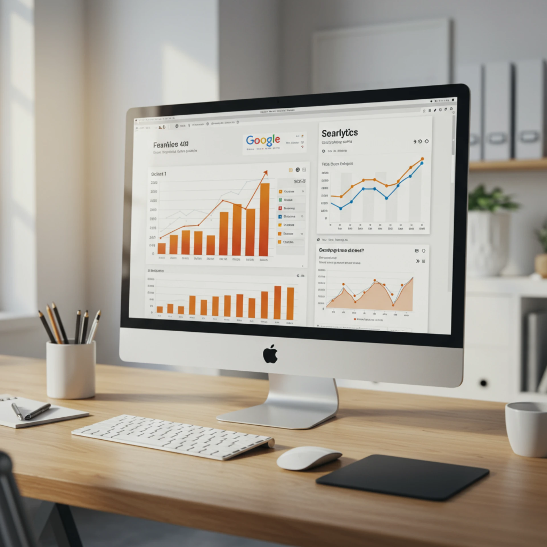 Marketing analytics dashboard showing ROAS, conversion rates, and ad spend metrics on an iMac display
